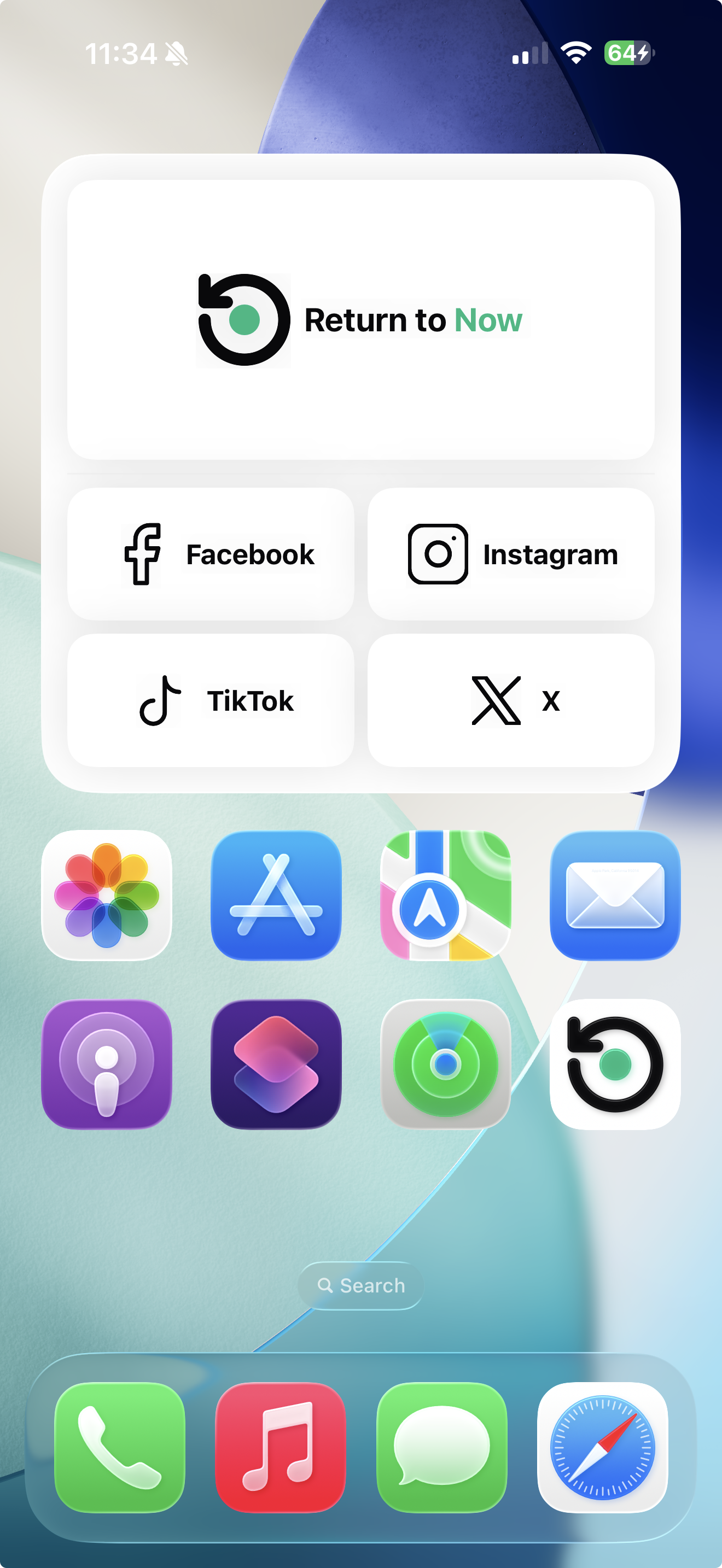 Home screen with the Return to Now widget before opening social apps