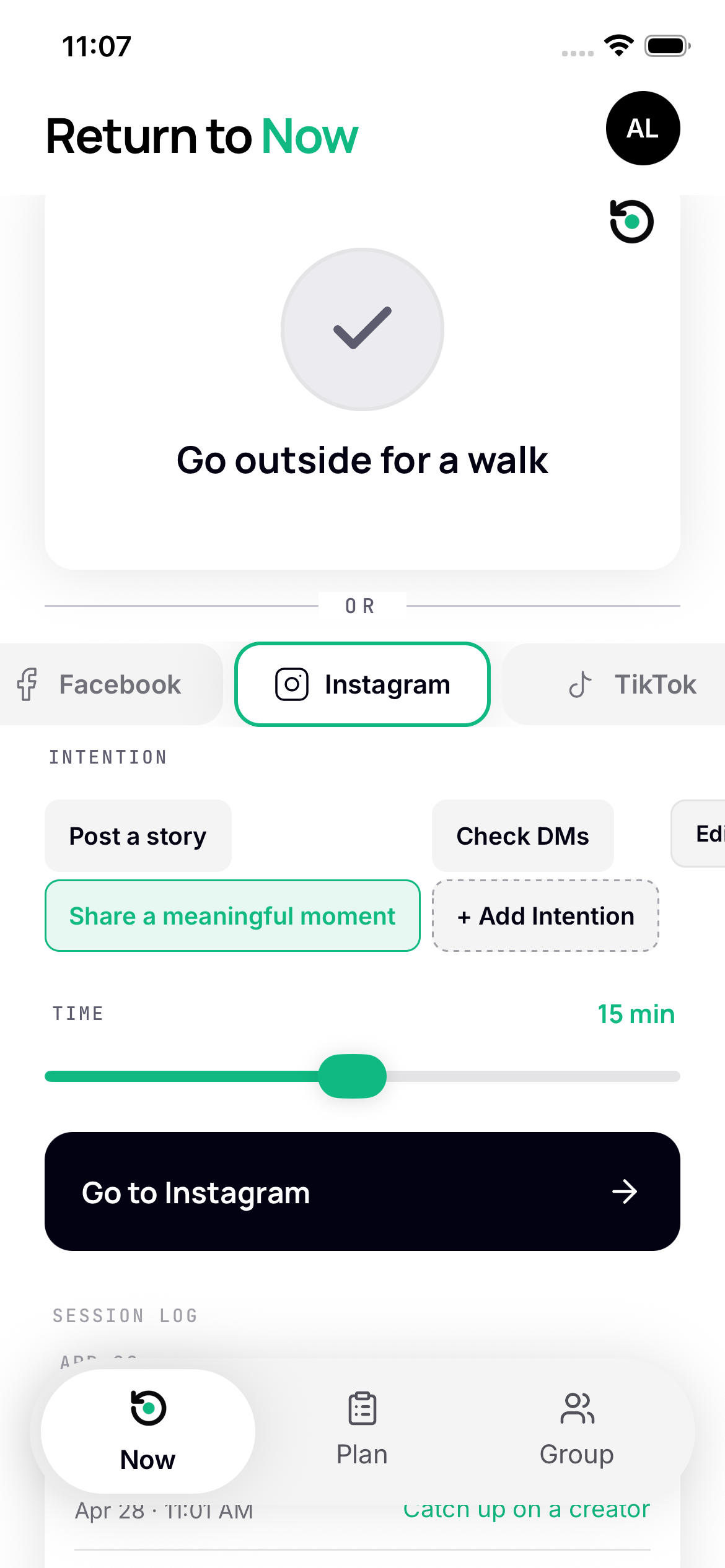 Intention prompt asking why you are opening the app
